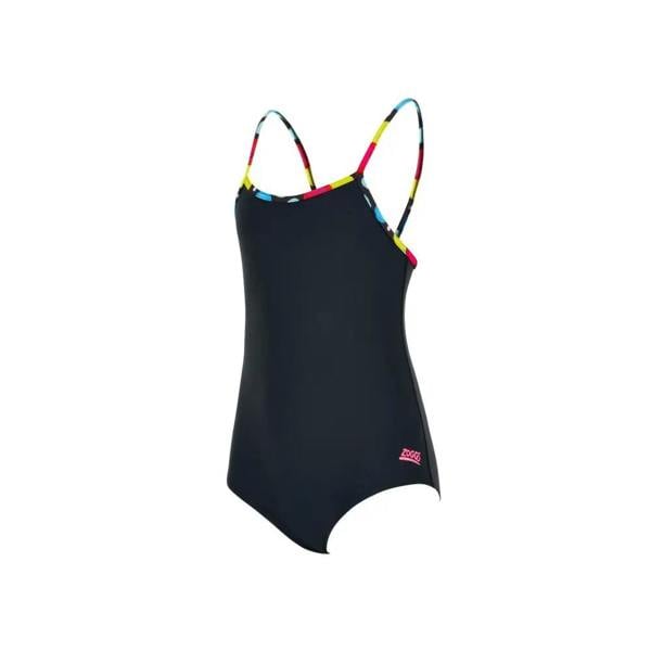 Zoggs Girls Spot Classicback black one-piece swimsuit with colorful straps
