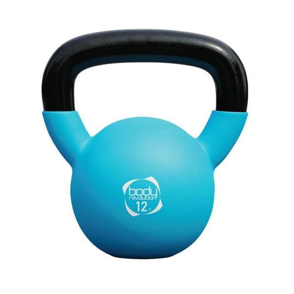 12kg Body Revolution kettlebell in vibrant blue with a textured finish and black handle, ideal for strength training and workouts