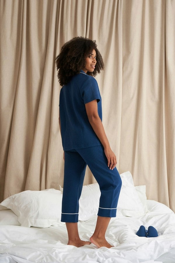 Pretty You London Women's Luxury Suite Waffle Short Shirt Trouser Pyjama Set in Marine Blue