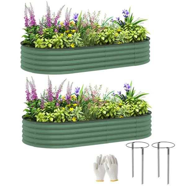 Green steel planter set with two long trough planters, garden stakes and white gloves