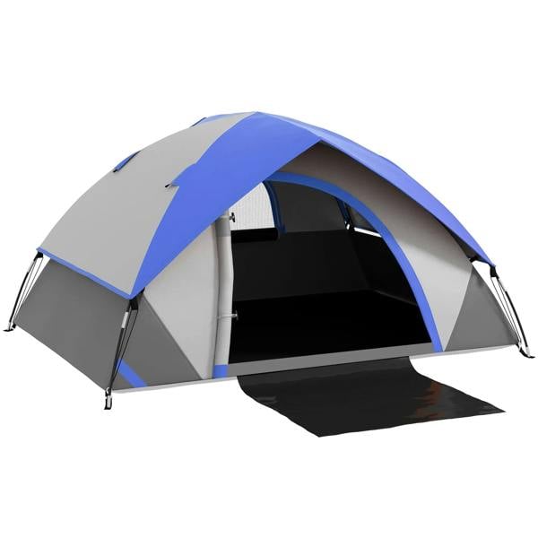 Two-person dome tent with grey walls, dark blue roof, open front vestibule
