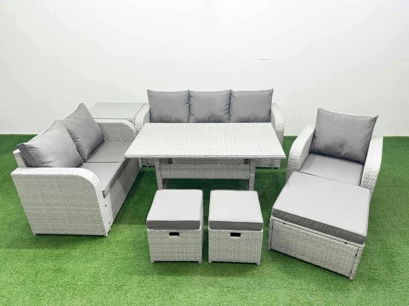 Fimous 9 Seater PE Wicker Rattan Garden Furniture Patio Set, Dining Table, Reclining Chair, Loveseat, 3 Seater Sofa, Stool, Side Table, Light Grey