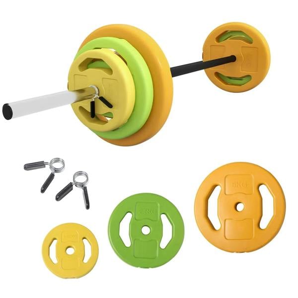 Adjustable barbell weight set with orange, green, and yellow plates and clip fasteners
