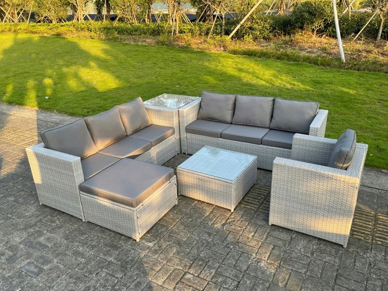 Fimous Light Grey Outdoor Rattan Garden Furniture Set Corner Sofa Set 2 Coffee Table Big Footstool Armchair