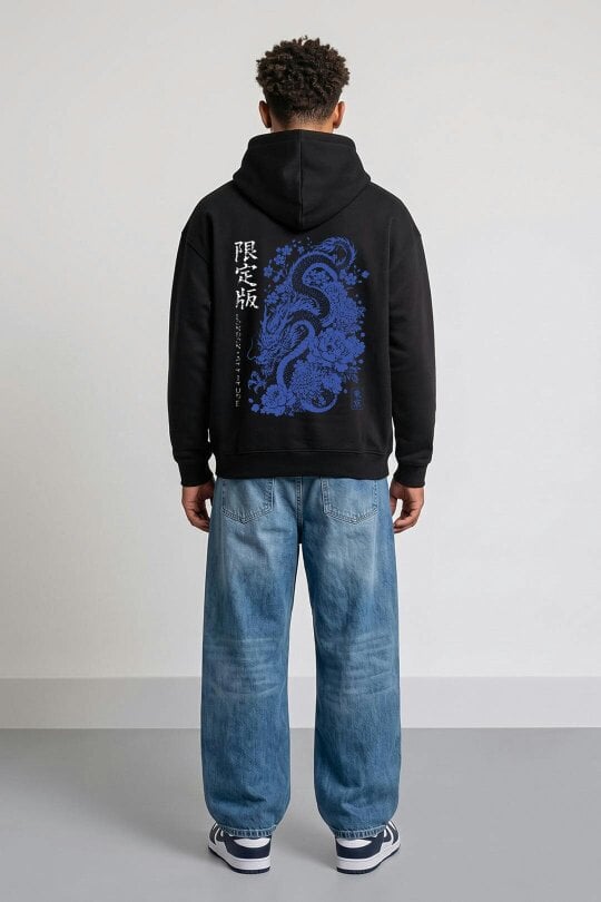 London Attitude Oversized Heavyweight Japanese Dragon Graphic Hoodie