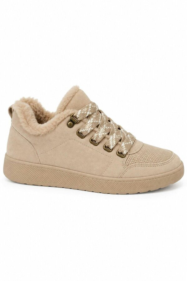 Love Lemonade Hudson Comfort Faux Suede Check Lace Faux Fur Lined Trainers Nude