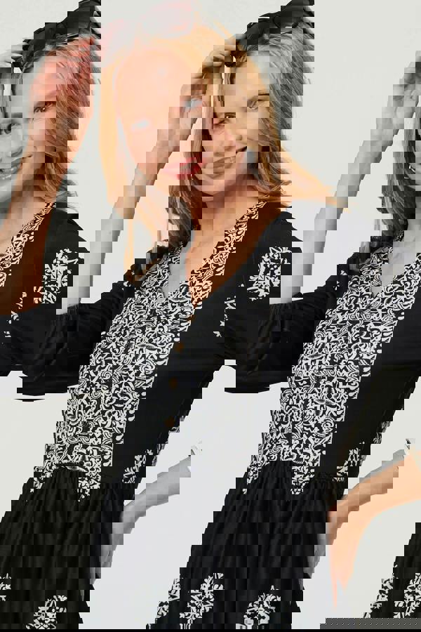 Black | Embroidered 3/4 Sleeve Shirred Blouse