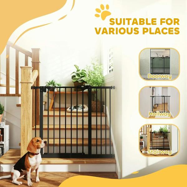 Black safety gate with vertical bars designed for doorways and stairs