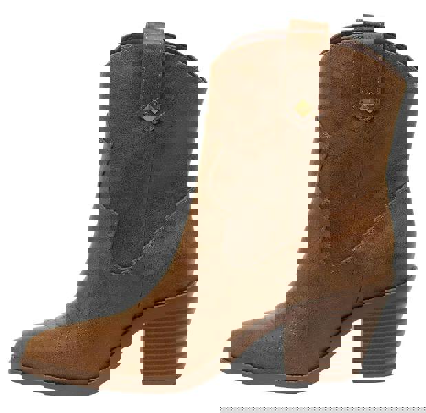 Rocket Dog Feather Womens Classic Cowboy Pull On Western Boots, brown leather ankle cowboy boots with a stacked heel and decorative stitching.