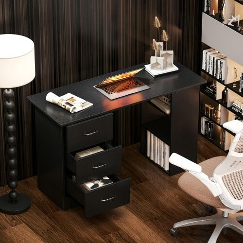 Wyld Haus Tonosa 120cm Wooden Black Study Desk With 3 Shelves And 3 Drawers