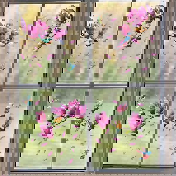 WALPLUS WSW6024 - Pink Magnolia Flowers with Birds Window Clings