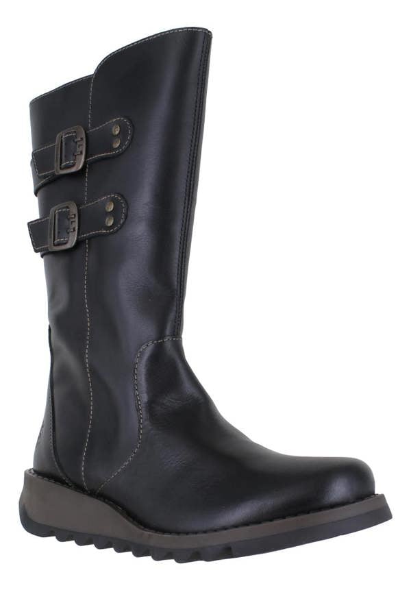 Fly London Suli Womens Zip-Up Wedge Leather Buckle Mid Calf Boots
