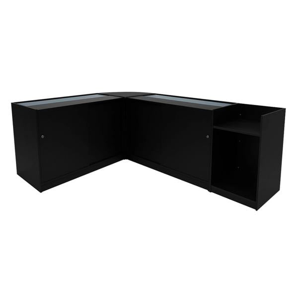 Black Europa LED Shop Counter Set featuring sleek design, glass display tops, and ample storage space in a modern corner layout