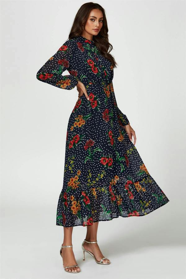 FS Collection Floral Dot Print Maxi Dress In Navy
