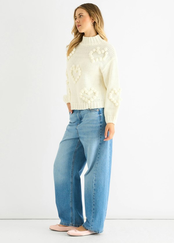 Gini London Cream Heart Bubble Chunky Knit High Neck Jumper