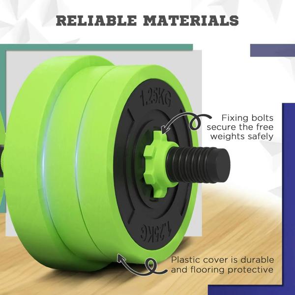Green weight plate with central mounting bolts and threaded connector for adjustments