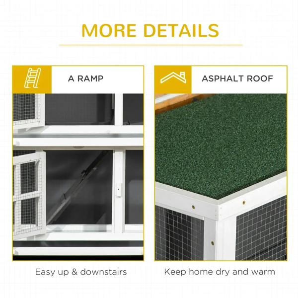 Two-tier rabbit hutch detail showing ladder ramp access and green topped roof panel