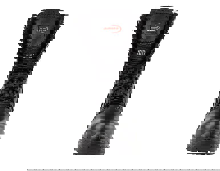 ARMA Scout Mens Metal-Free Composite Toe/Midsole S3 WP Safety Boots, front view of a black waterproof safety boot with non-metallic components, durable leather and textile upper, laced design, and reinforced toe area.