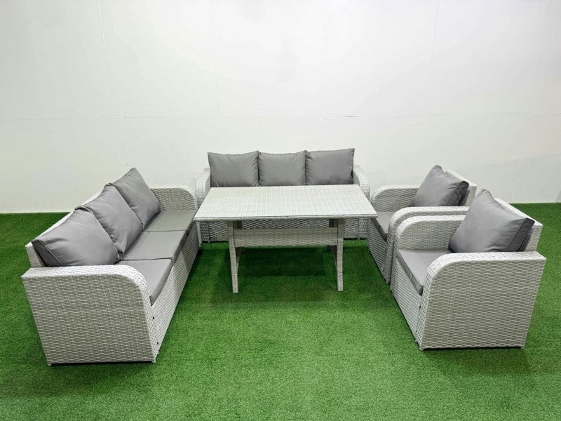 Fimous PE Rattan High Back Lounge Sofa Set Patio Rectangular Dining Table & Chairs Set with 3 Seater Sofa Reclining Chair Light Grey