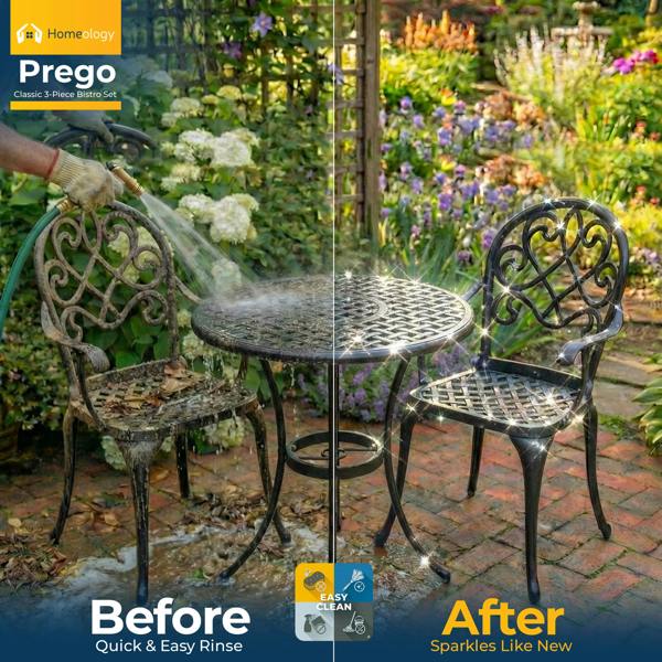 Homeology PREGO Garden and Patio Table and 2 Large Chairs with Armrests Cast Aluminium Bistro Set - Black