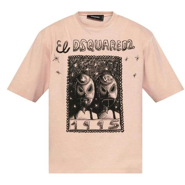 DSquared2 Mens Graphic Print Overlay Loose Fit T-Shirt - Dusty Rose/Black - 