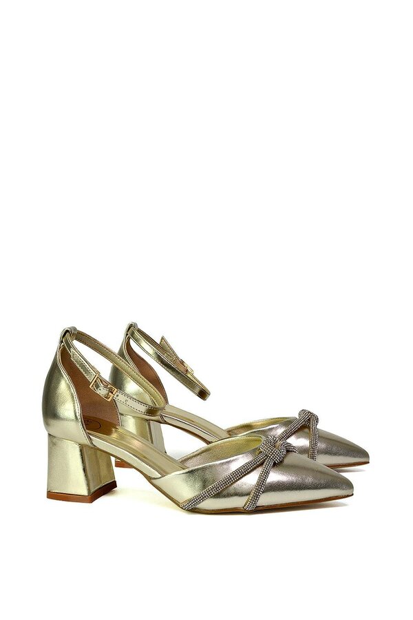 XY LONDON Ankle Strap Pointed Toe Diamante Mid Block Heels