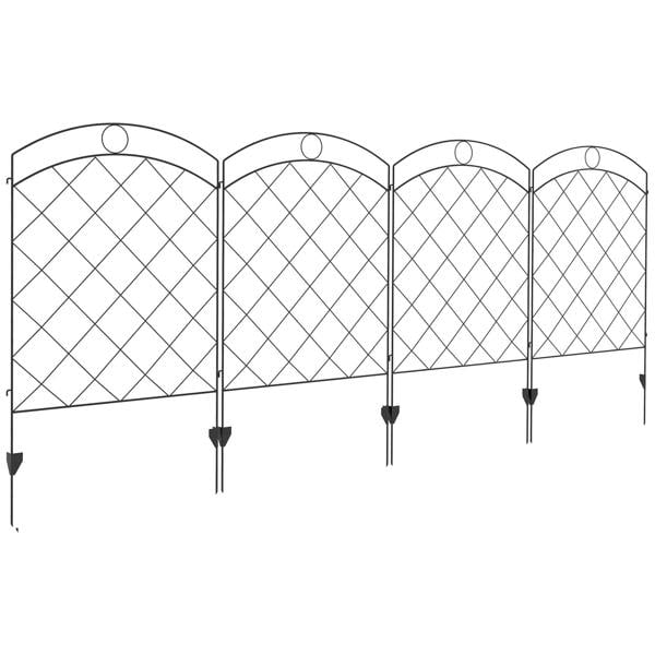 Set of four black steel fence panels on white background, arched tops and diamond mesh.