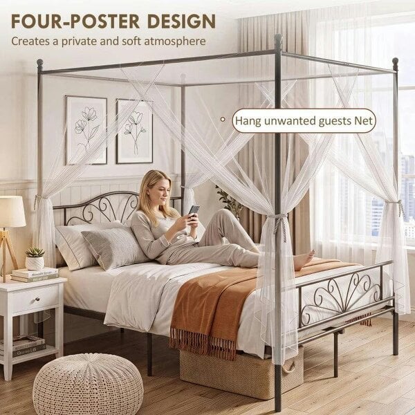 Canopy Bed Frame Double Size, Metal Platform Bed Frame with Headboard and Footboard, Underbed Storage, Black