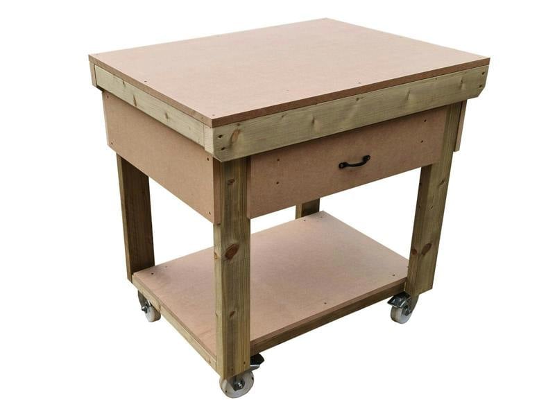 Wooden MDF Top Workbench – Mobile Tool Cabinet with Drawers and Wheels, Ideal for Dry Indoor Spaces Such as Garages, Workshops, and Studios.