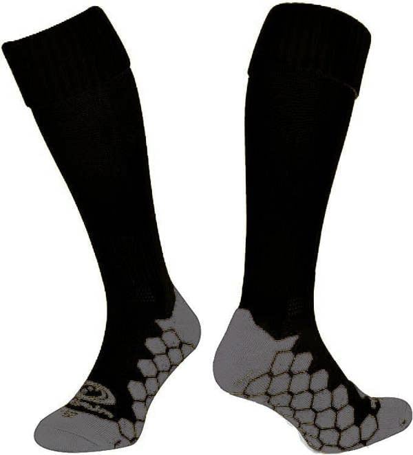 Black Optimum Classico knee-length football socks, pair with grey cushioned hexagonal-grip soles on white - Optimum