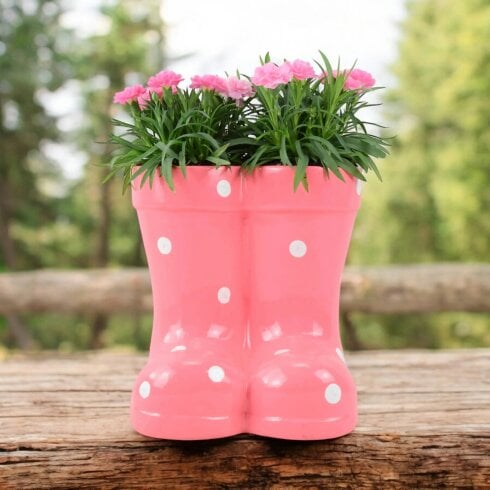 Pink Polka Dot Wellies Planter with Dianthus - Ceramic Garden Decor
