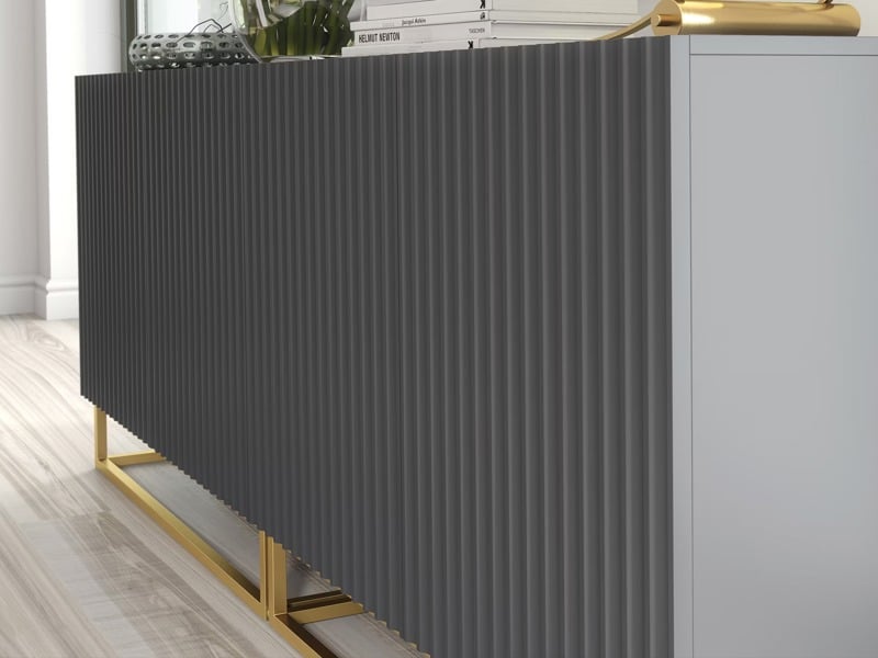 Mex Furniture Sophisticated Grey Sideboard with Fluted Fronts & Gold Legs – 200cm Storage Unit
