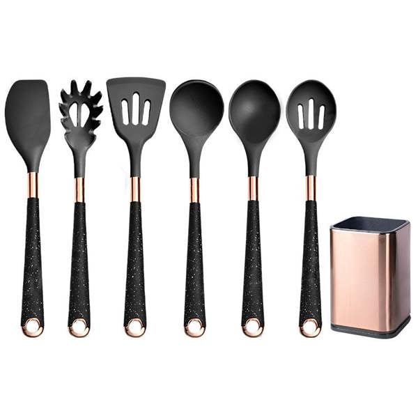 Anygleam Nonstick Kitchen Utensils Set Black 6pcs Gold Plated Handle with Support Storage Box Heat Resistant Cooking Tools Accessories