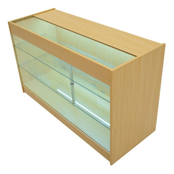 Maple Helios LED shop counter set with glass display shelves, sleek design, and integrated lighting for showcasing products