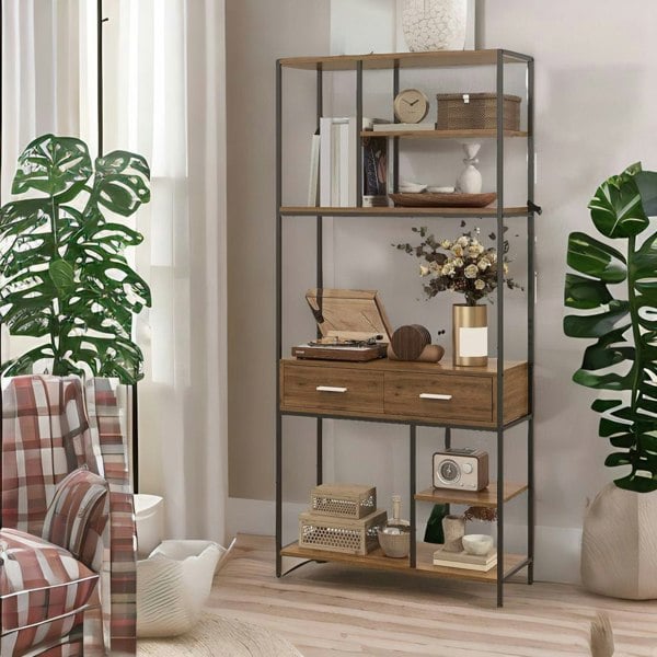 Rafaelo Mobilia Industrial Bookcase With 2 Large Drawers and Shelves Brown