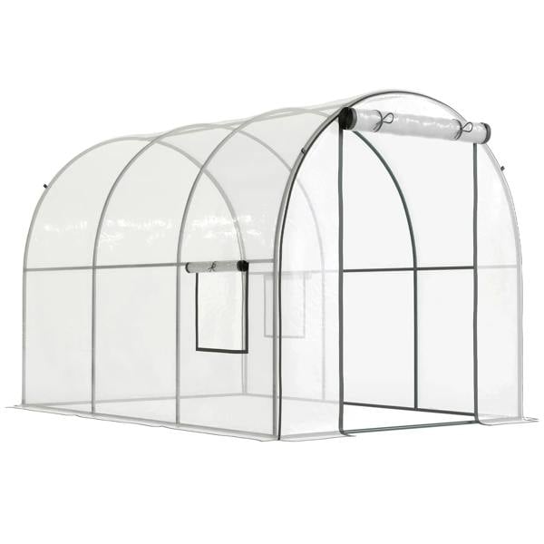 Clear greenhouse with transparent cover, arched steel frame, and side door panel