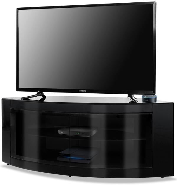Homeology PANGEA Gloss Black Beam-Thru Glass Doors Curved Unit Tru-Corner 32"-50" TV Cabinet