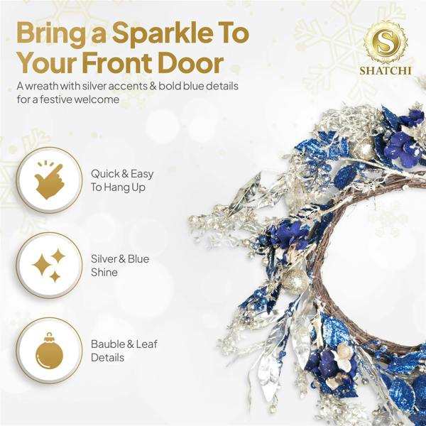 58cm Gold and Blue Baubles Wreath, Artificial PE Christmas Door Decoration image 8