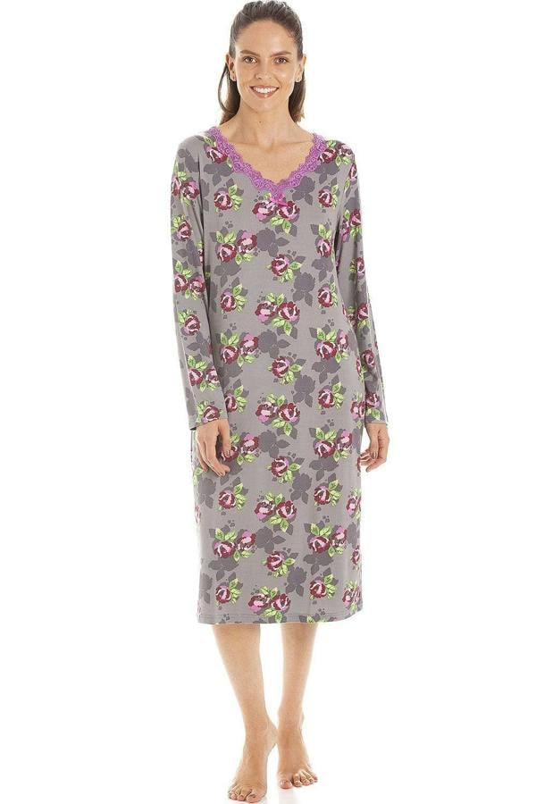 Womens Floral Print Spandex Knee Length Long Sleeve Nightdresses