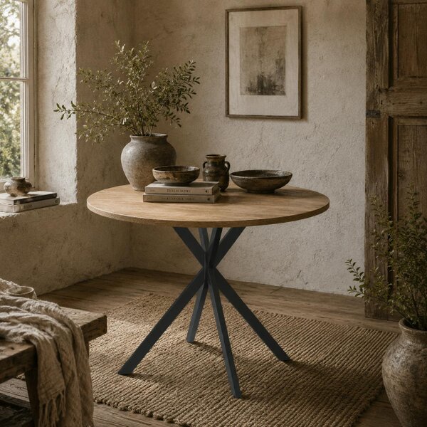Wyld Haus Luhalari Metal And Wood Oak Finish Industrial Dining Table Seating 4 120 cm