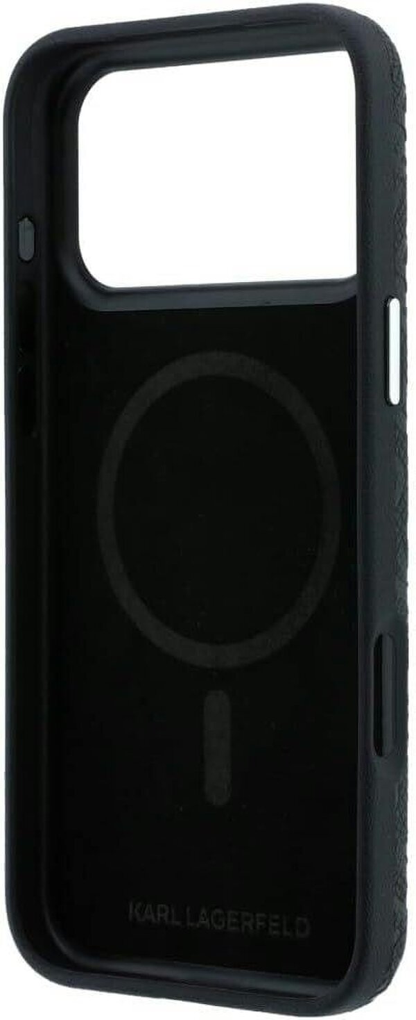Karl Lagerfeld Grained Allover Logo Metal Elongated Case with MagSafe for iPhone 17/18 Pro 6.3" Black - KLHMP18LPSKLFOFK