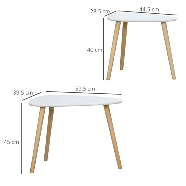 Nesting side table set dimensions showing white tabletop and light wood legs
