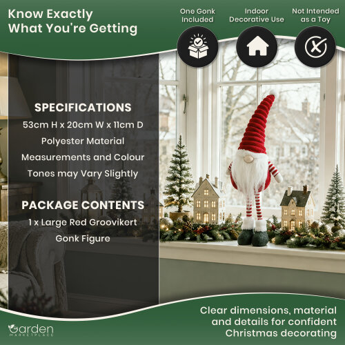 Large Standing Groovikert Christmas Gonk Figure in Red, Soft Freestanding Festive Decoration, 53cm Tall, Polyester