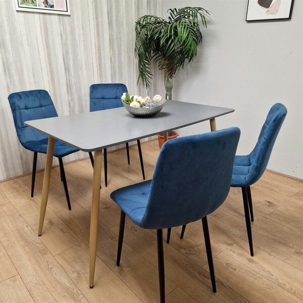 Kosy Koala Wooden Dining Table Set for 4 Grey Wooden Table and 4 Blue Velvet Chairs