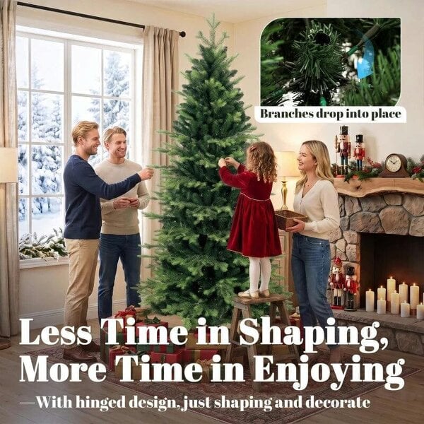 Bobobiy Geneva Fir Hinged Xmas Tree, 7ft/210cm Artificial Christmas Tree with 2079 Branch Tips, Foldable Steel Stand, Green