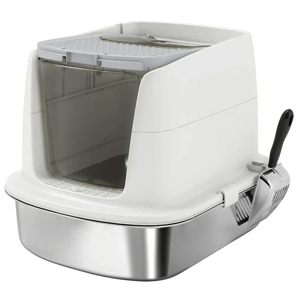 Large enclosed cat litter box in white with front entry, top opening, metal scoop