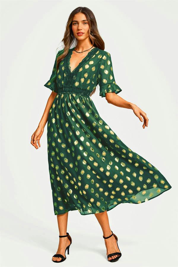 FS Collection Gold Foil Long Sleeve Lace Trim V Neck Maxi Dress In Green