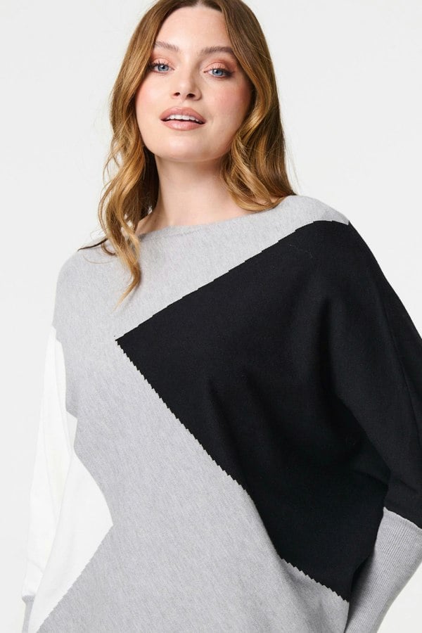 Grey | Colour Block Oversized Batwing Jumper

