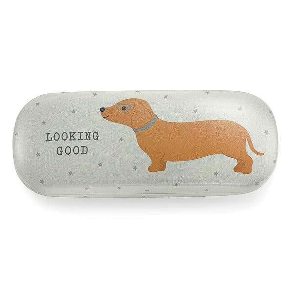 Pia Sausage Dog Glasses Case, Grey Faux Leather Hard Spectacle Case