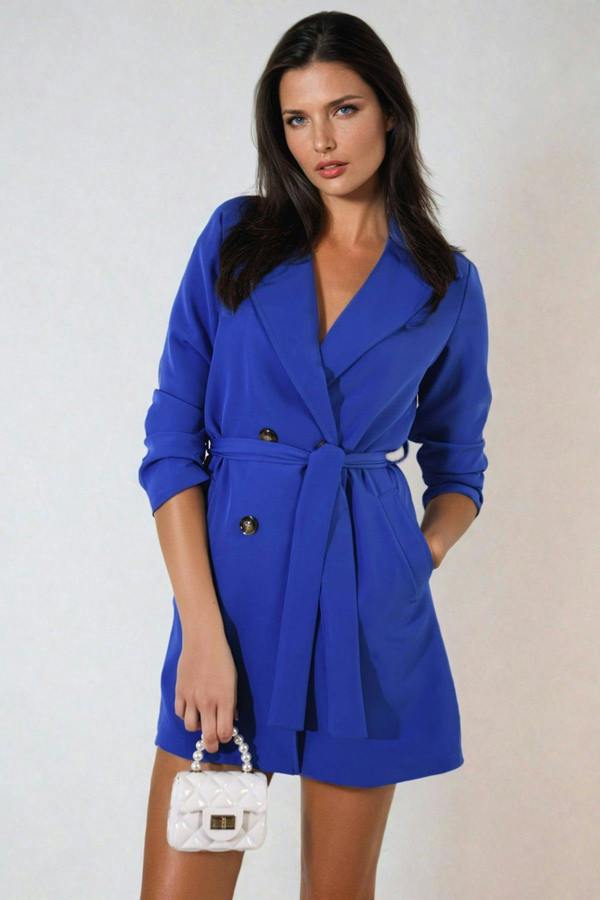 Raven Oversized Waist Tie Button Detail Blazer Jacket - Royal Blue
